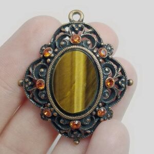 Vintage Bronze Color Tigers Eye Center Rinestone Pendant, Retro Boho Estate